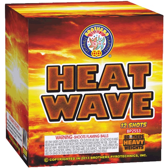 Heat wave  An intense period of excessive alternating gold brocade with green glitter, blue pearls with silver wave, and crackling flowers. Ends with a three-shot finale. 12 SHOTS    