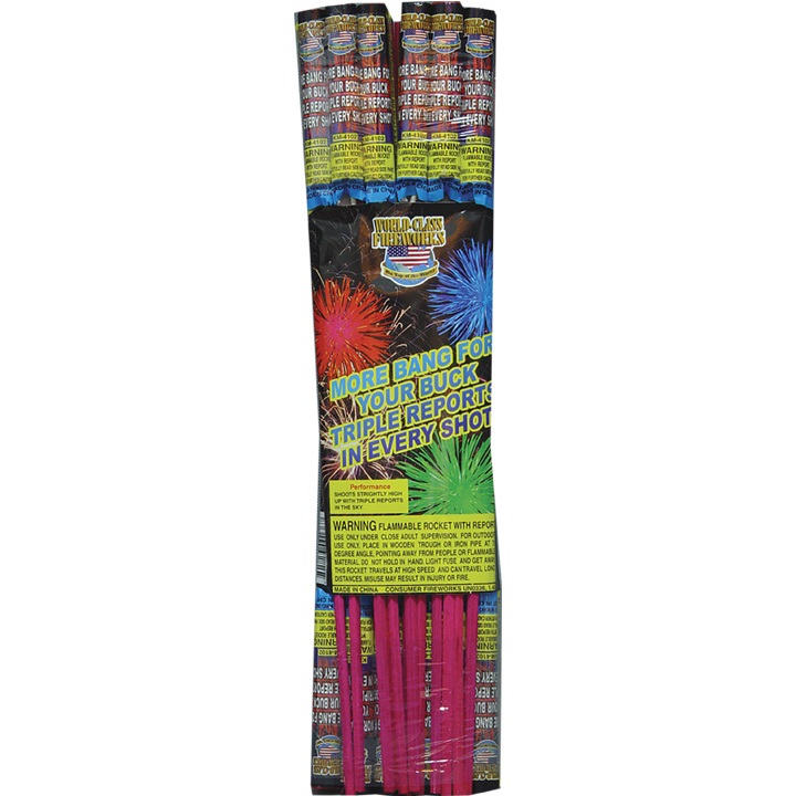 In this rocket pack you get 24 high performing rockets each with a triple report (72 bangs). This rocket is one of the highest flying rockets. Only the highest quality powders and reports are selected and tested for our World Class Rockets. We use a higher grade stick and packaging to ensure our products integrity.