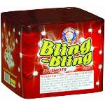 36 SHOTS. Green Bling with purple stars and red, blue and white Bling. Red and green bouquets with time delay Bling and crackling Bling. Thirty-six shots of two different diameters.
